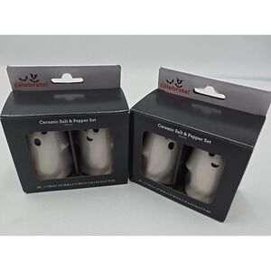 Celebrate Halloween Ceramic White Ghosts‎ Salt & Pepper Shaker Set 4 Total